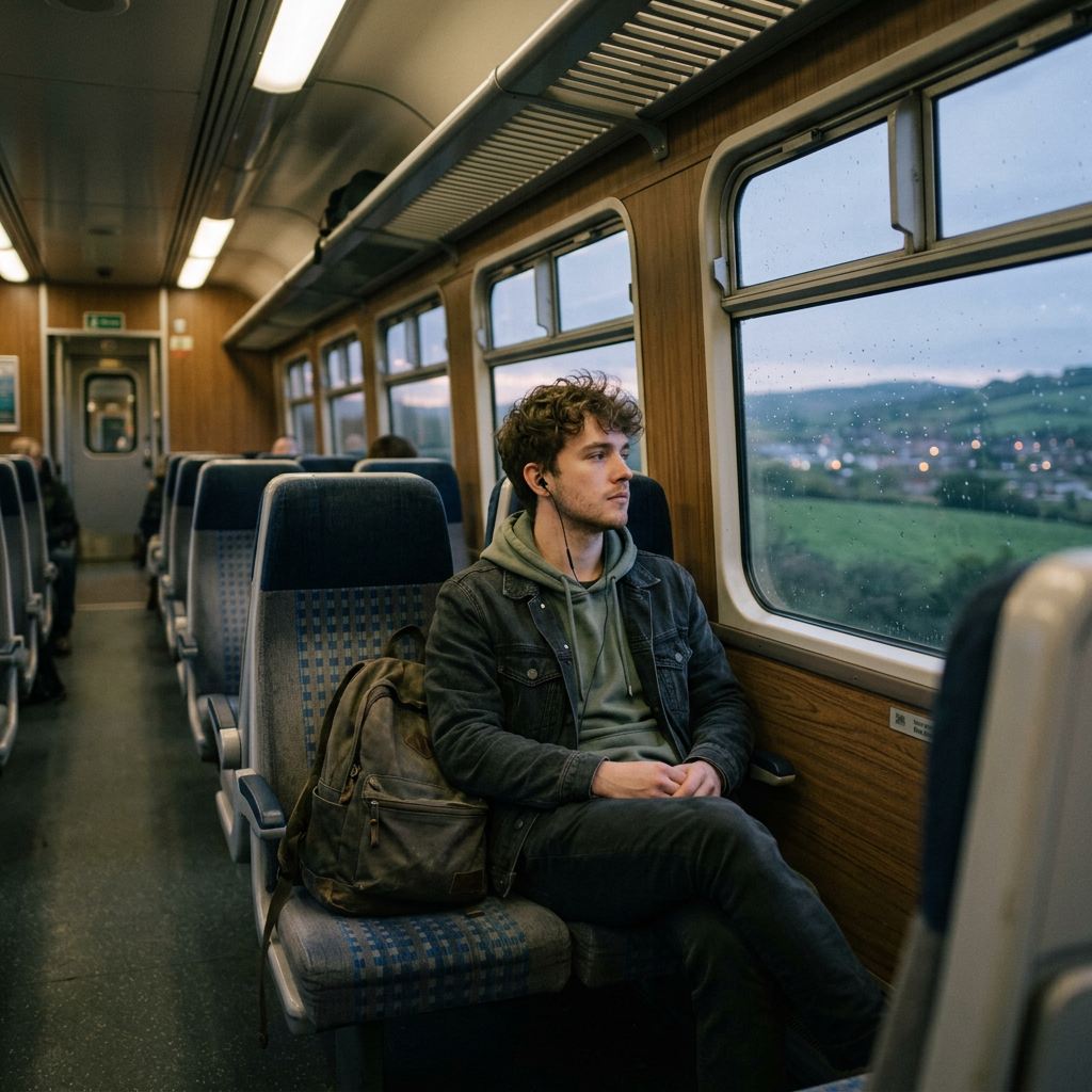 Young man wearing headphones sitting on a train, looking out a window with raindrops and countryside view.