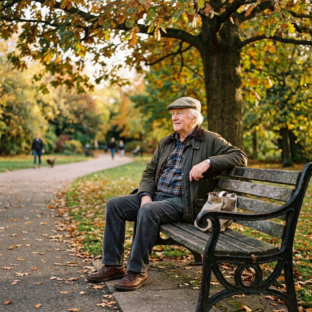 Older man sitting on a park bench with a cane in autumn