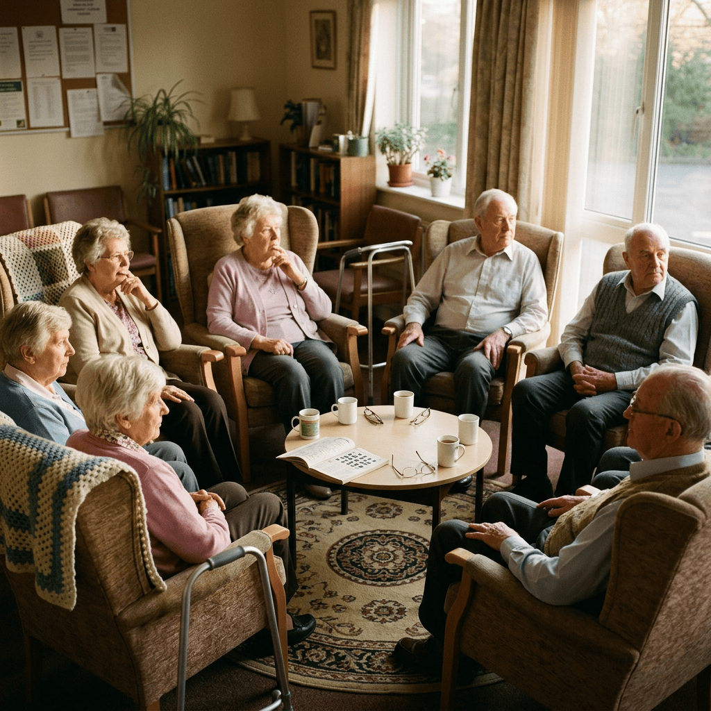 Eight older adults seated together around a coffee table in a sunny lounge