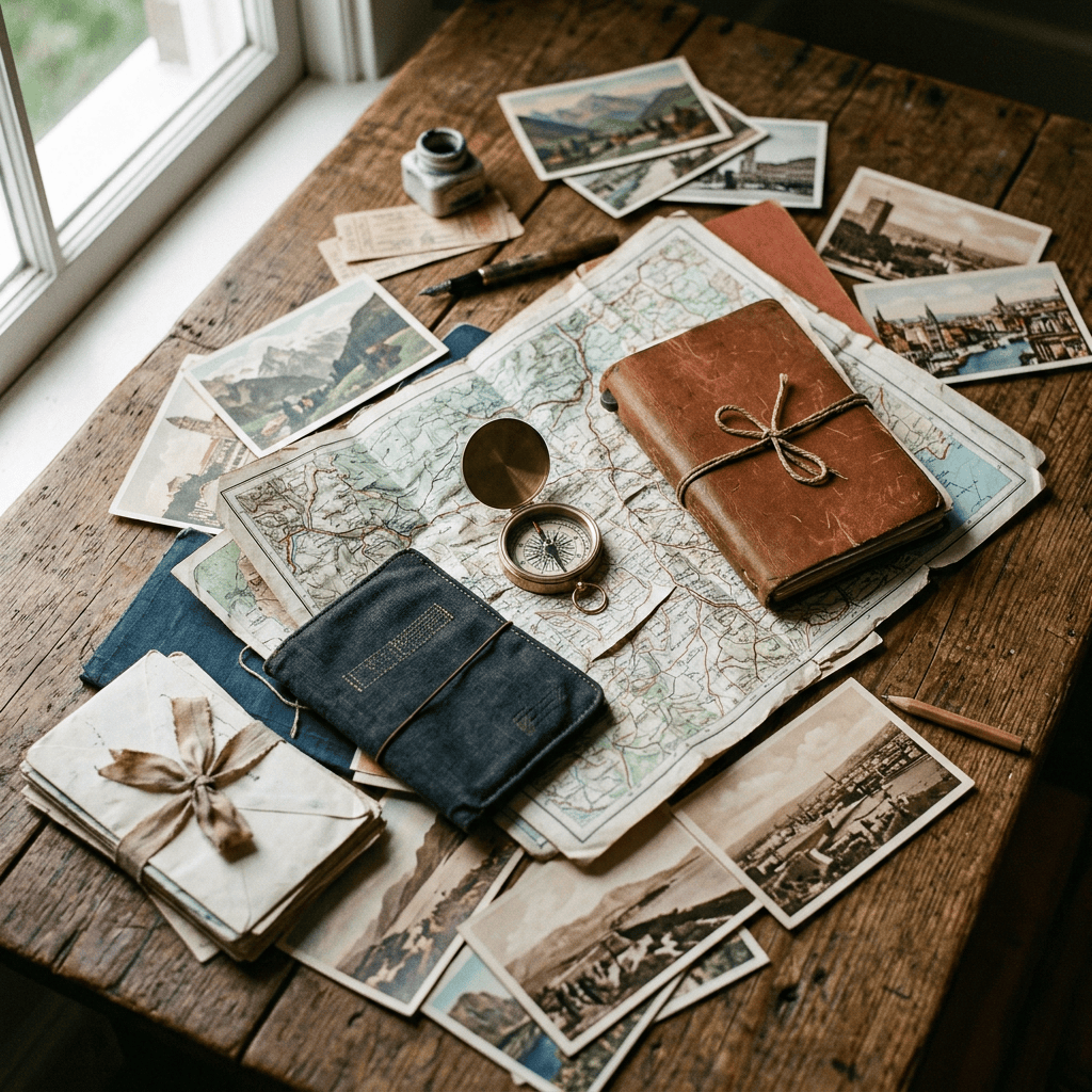 Map, compass, journals, and vintage postcards arranged on a wooden table
