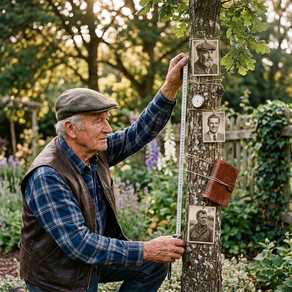 Older man measuring a tree with a portrait and journal tied to its trunk